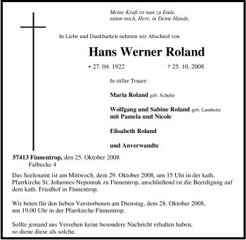 Traueranzeige von Hans Werner Roland von Tageszeitung