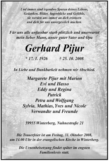 Traueranzeige von Gerhard Pijur von Tageszeitung