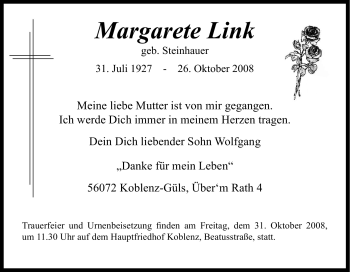 Traueranzeige von Margarete Link von Tageszeitung
