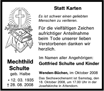 Traueranzeige von Mechthild Schulte von Tageszeitung