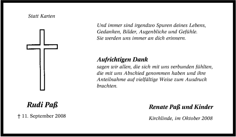  Traueranzeige für Rudi Paß vom 04.10.2008 aus Tageszeitung