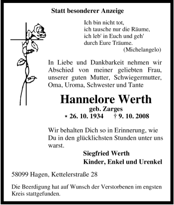 Traueranzeige von Hannelore Werth von Tageszeitung