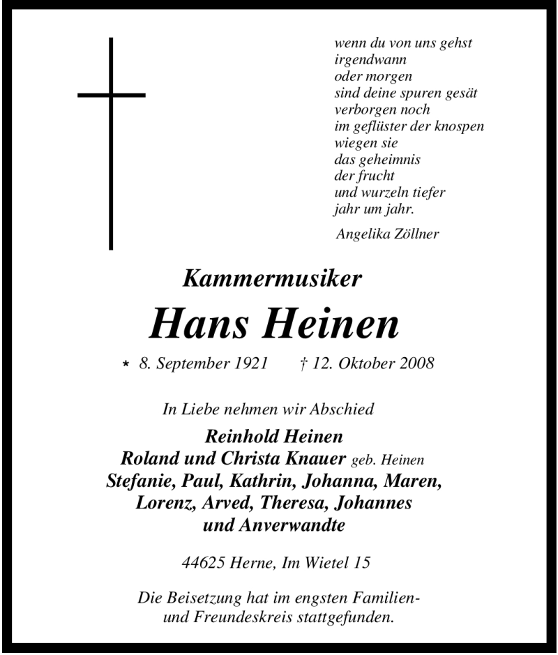  Traueranzeige für Hans Heinen vom 18.10.2008 aus Tageszeitung