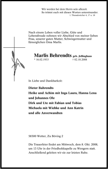 Traueranzeige von Marlis Behrendts von Tageszeitung