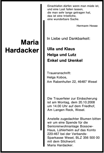 Traueranzeige von Maria Hardacker von Tageszeitung