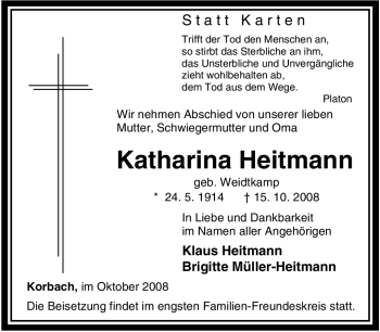 Traueranzeige von Katharina Heitmann von Tageszeitung