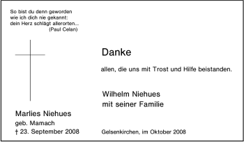 Traueranzeige von Marlies Niehues von Tageszeitung