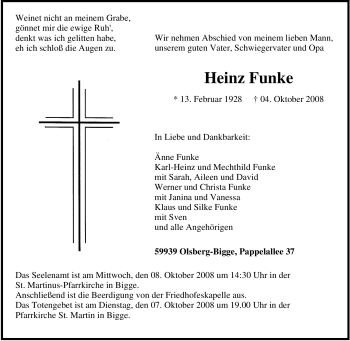 Traueranzeige von Heinz Funke von Tageszeitung