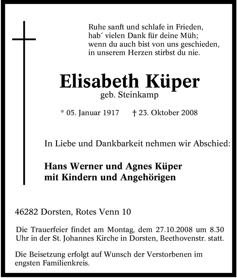  Traueranzeige für Elisabeth Küper vom 24.10.2008 aus Tageszeitung