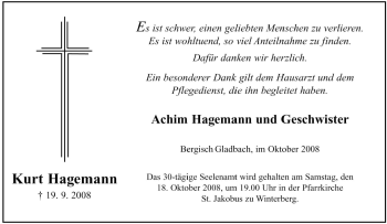 Traueranzeige von Kurt Hagemann von Tageszeitung