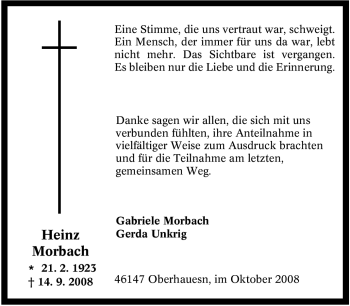 Traueranzeige von Heinz Morbach von Tageszeitung