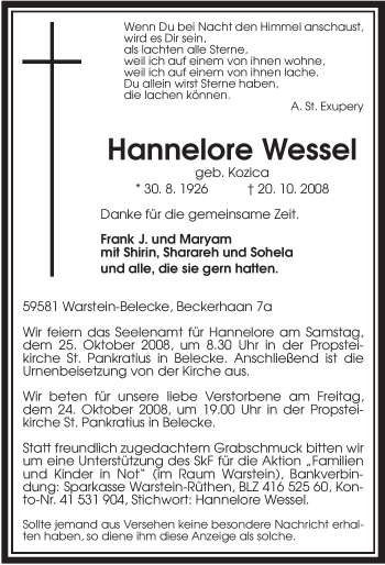 Traueranzeige von Hannelore Wessel von Tageszeitung