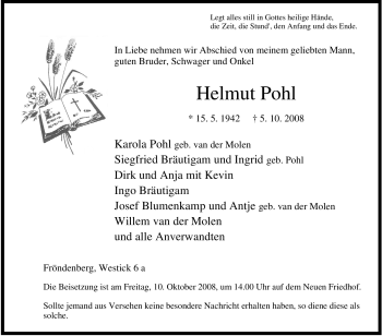 Traueranzeige von Helmut Pohl von Tageszeitung