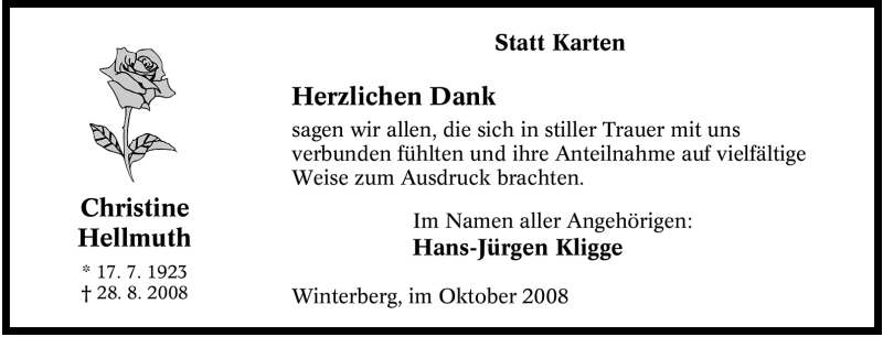  Traueranzeige für Christine Hellmuth vom 11.10.2008 aus Tageszeitung