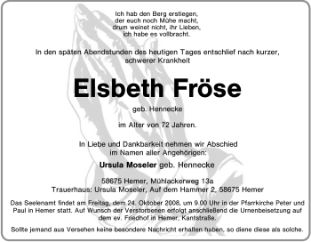 Traueranzeige von Elsbeth Fröse von Tageszeitung