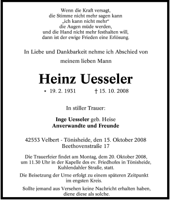 Traueranzeige von Heinz Uesseler von Tageszeitung