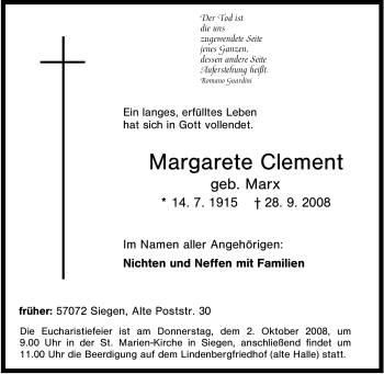 Traueranzeige von Margarete Clement von Tageszeitung