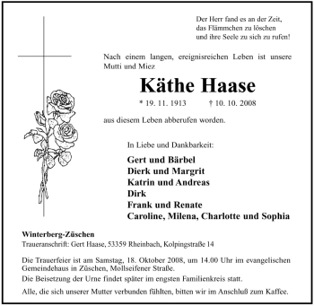Traueranzeige von Käthe Haase von Tageszeitung