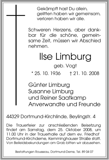 Traueranzeige von Ilse Limburg von Tageszeitung