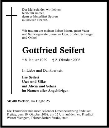 Traueranzeige von Gottfried Seifert von Tageszeitung