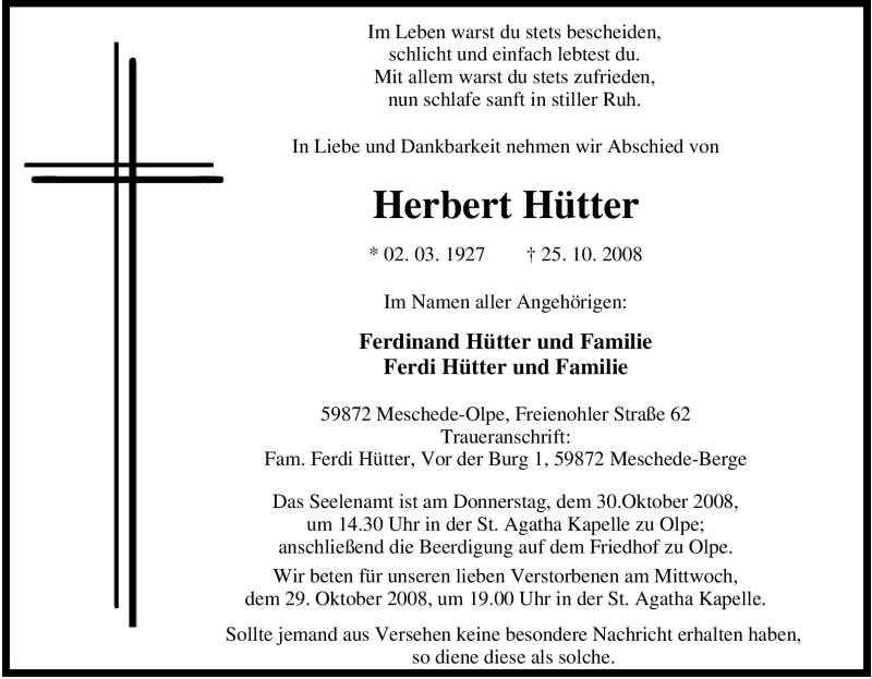  Traueranzeige für Herbert Hütter vom 27.10.2008 aus Tageszeitung