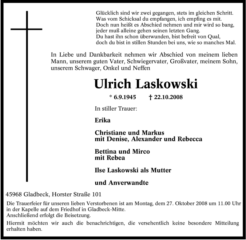  Traueranzeige für Ulrich Laskowski vom 24.10.2008 aus Tageszeitung