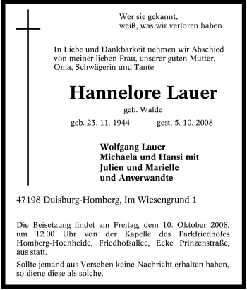 Traueranzeige von Hannelore Lauer von Tageszeitung