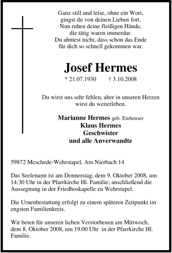 Traueranzeige von Josef Hermes von Tageszeitung