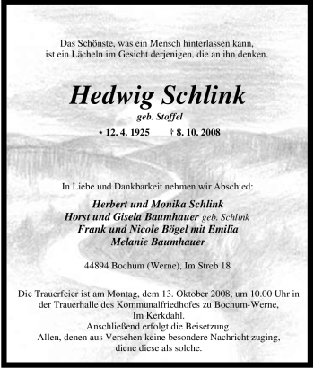 Traueranzeige von Hedwig Schlink von Tageszeitung
