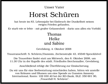 Traueranzeige von Horst Schüren von Tageszeitung