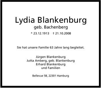 Traueranzeige von Lydia Blankenburg von Tageszeitung