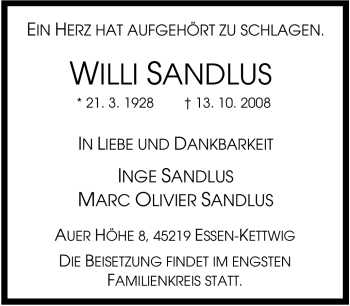 Traueranzeige von Willi Sandlus von Tageszeitung