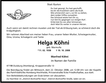 Traueranzeige von Helga Köhni von Tageszeitung