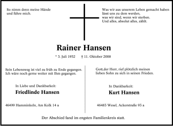 Traueranzeige von Rainer Hansen von Tageszeitung