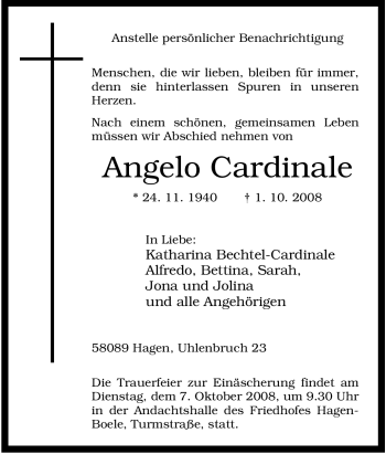 Traueranzeige von Angelo Cardinale von Tageszeitung
