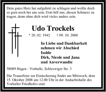 Traueranzeige von Udo Trockels von Tageszeitung