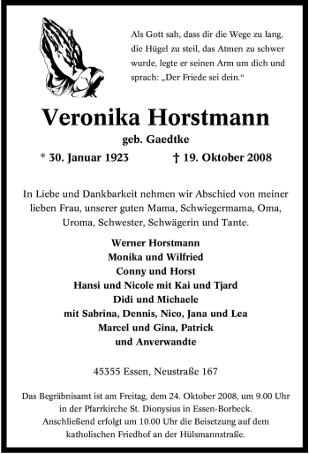 Traueranzeige von Veronika Horstmann von Tageszeitung