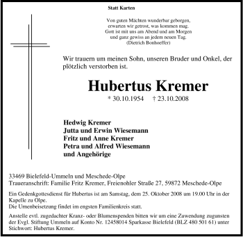 Traueranzeige von Hubertus Kremer von Tageszeitung