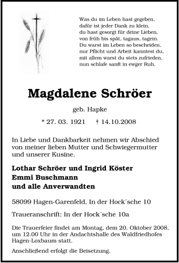 Traueranzeige von Magdalene Schröer von Tageszeitung