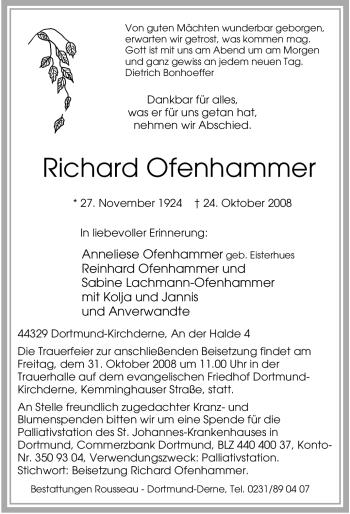 Traueranzeige von Richard Ofenhammer von Tageszeitung