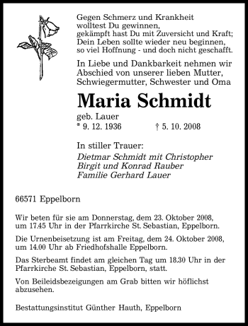 Traueranzeige von Maria Schmidt von Tageszeitung