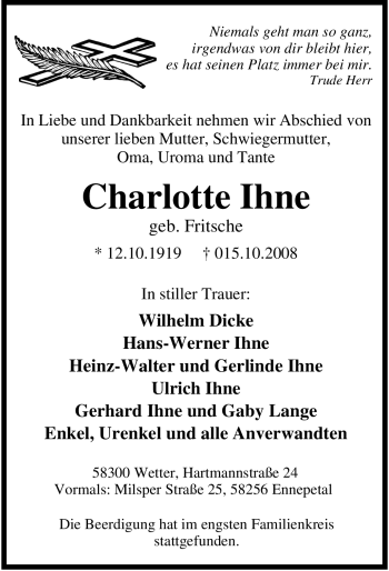 Traueranzeige von Charlotte Ihne von Tageszeitung