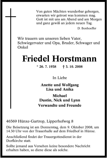 Traueranzeige von Friedel Horstmann von Tageszeitung