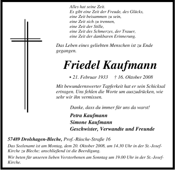 Traueranzeige von Friedel Kaufmann von Tageszeitung