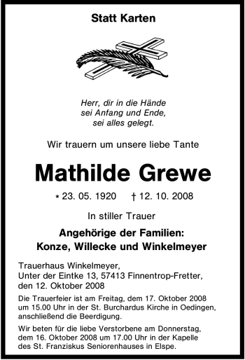 Traueranzeige von Mathilde Grewe von Tageszeitung