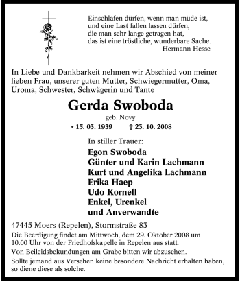 Traueranzeige von Gerda Swoboda von Tageszeitung