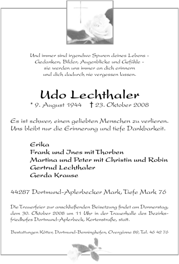 Traueranzeige von Udo Lechthaler von Tageszeitung