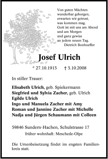 Traueranzeige von Josef Ulrich von Tageszeitung