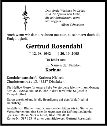 Traueranzeige von Gertrud Rosendahl von Tageszeitung