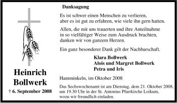 Traueranzeige von Heinrich Bollwerk von Tageszeitung